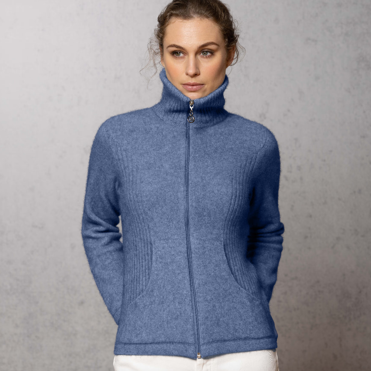 Noble Wilde's blue, possum and merino, zip cardigan
