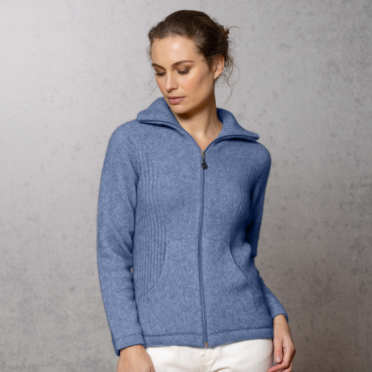 Noble Wilde's blue, possum and merino, zip cardigan