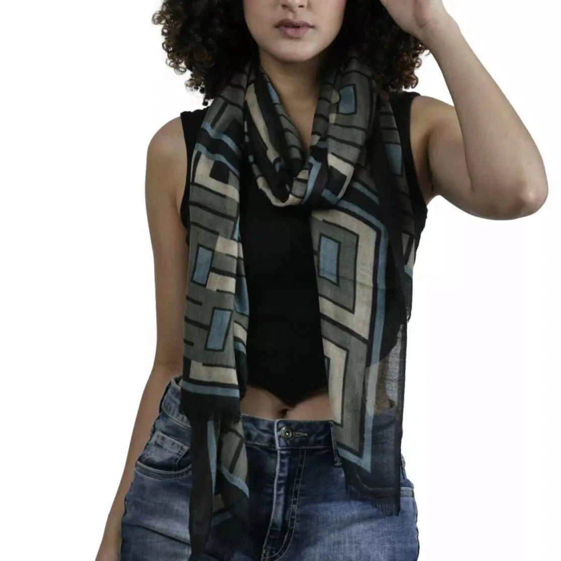 Wool and Silk lightweight scarf - digital print in blue and green.