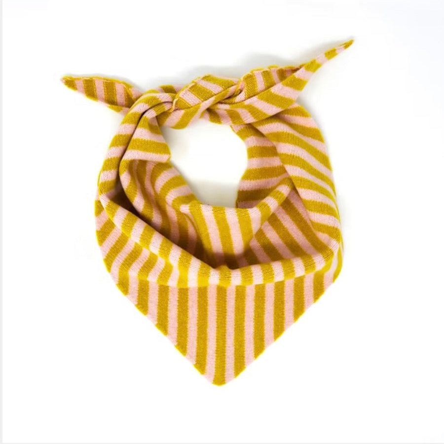 Triangle Scarf knitted in soft Merino wool - stripe pink and mustard. Scottish knitwear, small production.