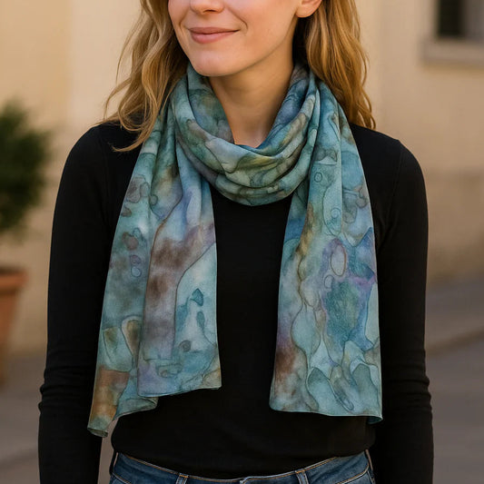 Merino wool and silk scarf in soft greens.