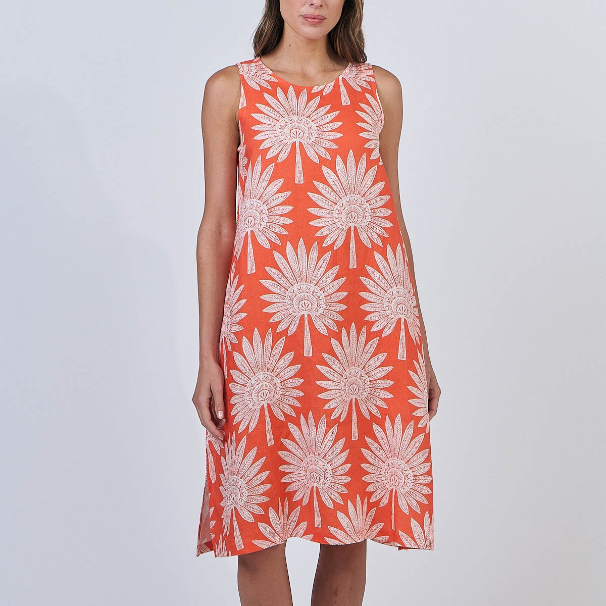Linen dress in Sunset Palm print by Naturals by O&J. GA626.
