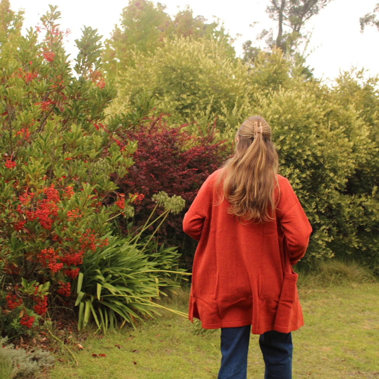 100% wool long cardigan in rust