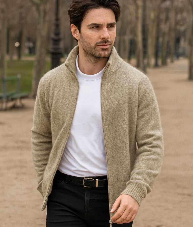 Possum and Merino men's zip cardigan in Natural.