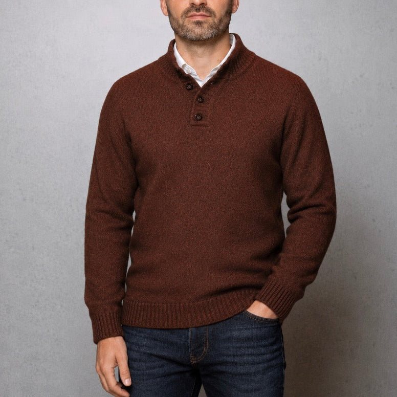 Men's possum jumper with button neck in brown