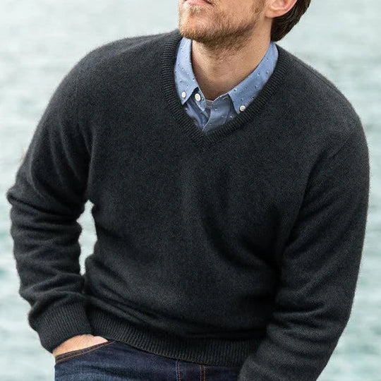 Quality Possum and Merino Wool knitwear. Noble Wilde Men's vee jumper in Charcoal.