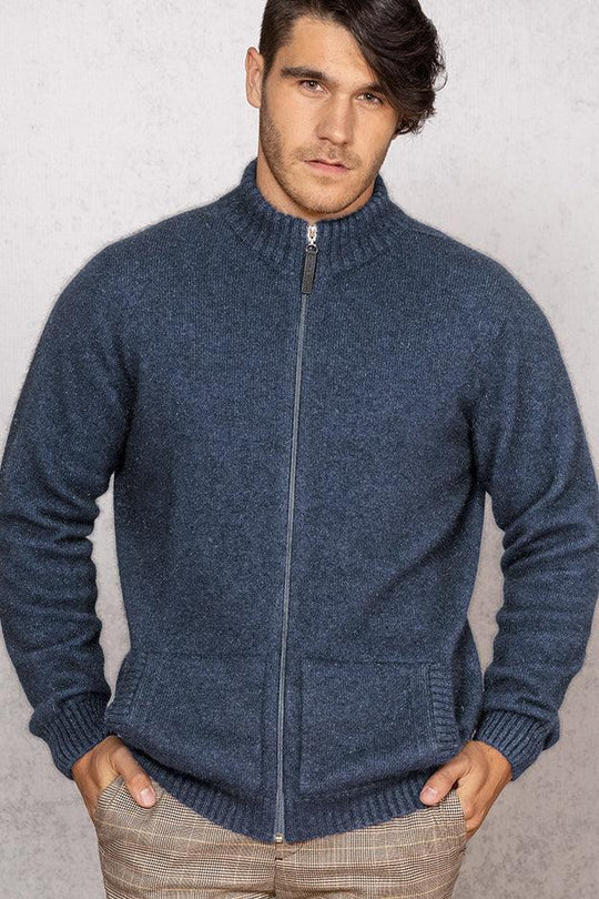 Quality Possum and Merino Wool knitwear. Noble Wilde mens bristol jacket in blue.