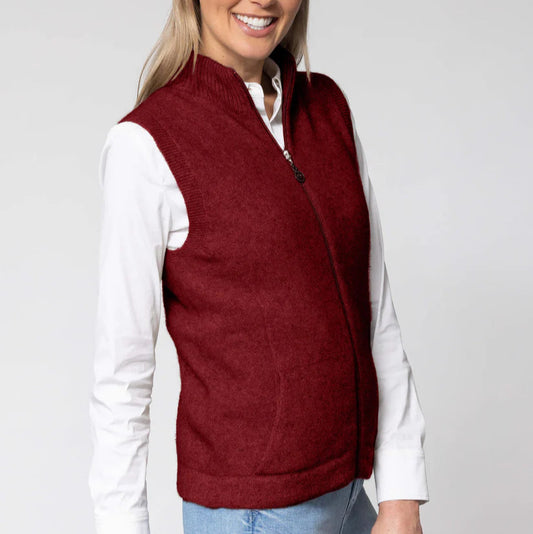 Women's zip vest possum and merino wool from Noble Wilde in red or Sangria.