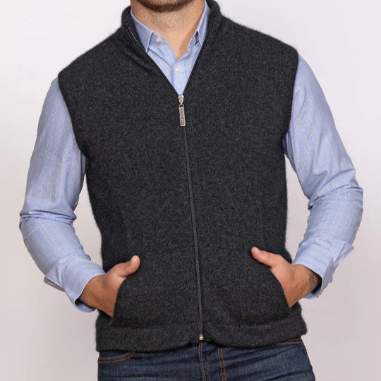 Quality Possum and Merino Wool knitwear. Noble Wilde Men's zip vest Gilet in Charcoal.