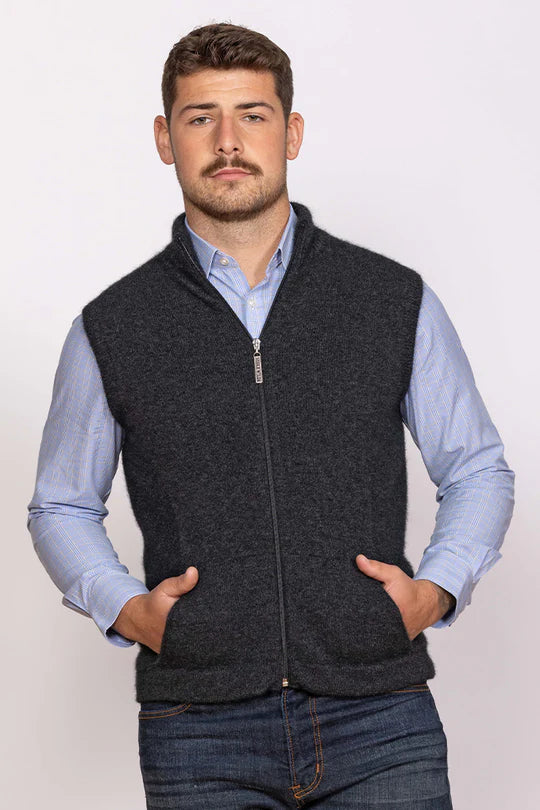 Quality Possum and Merino Wool knitwear. Noble Wilde Men's zip vest Gilet in Charcoal.