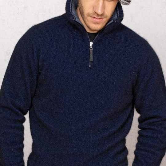 Quality Possum and Merino Wool knitwear. Noble Wilde Men's Tasman 1/2 zip in navy.