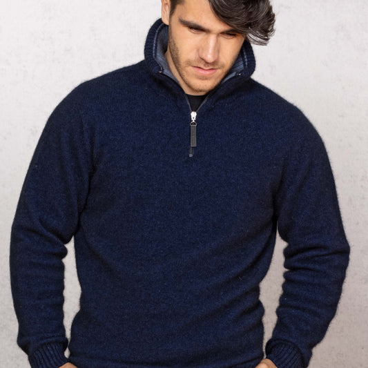 Quality Possum and Merino Wool knitwear. Noble Wilde Mens 1/4 zip in navy.