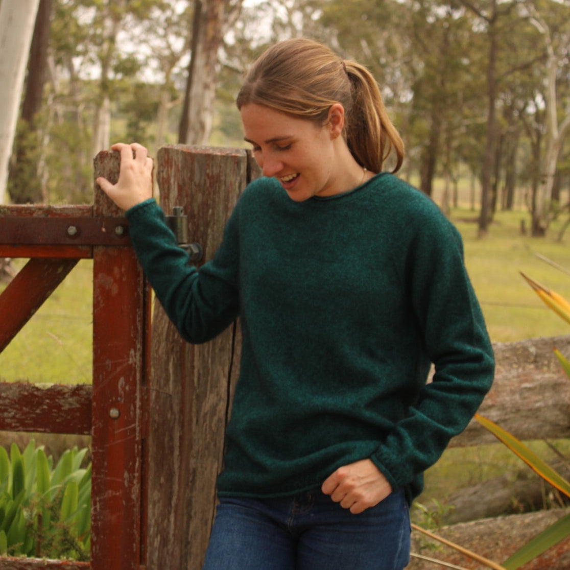 Noble ilde possum wool jumper for woen in paua green