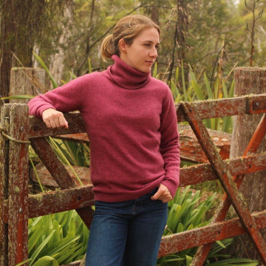Noble Wilde New Zealand Possum jumper. Pink polo neck for women.