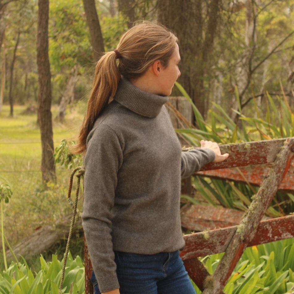 Possum jumper for women. Polo neck in grey. Quality and warmth.