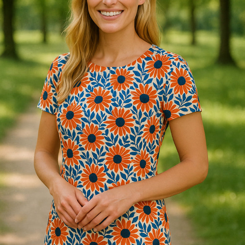 Woman wearing Seasalt dress in Bold Sunflowers
