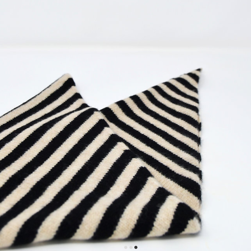 Triangle Scarf knitted in soft Merino wool - stripe black and oatmeal. Scottish knitwear, small production.