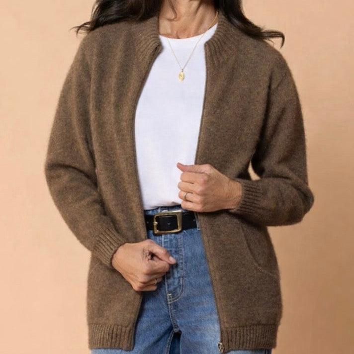Women’s possum zip jacket in latte.