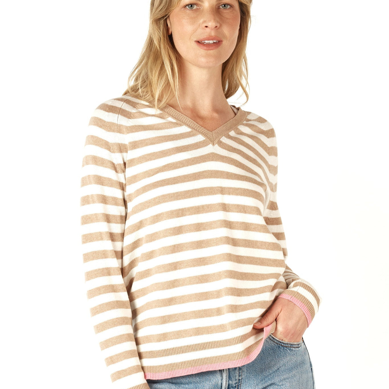 Striped top from Zaket and Plover in tan.