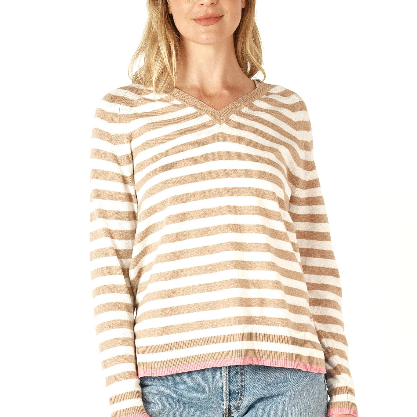 Quality knitwear from Zaket and Plover. Striped top vee neck for women.