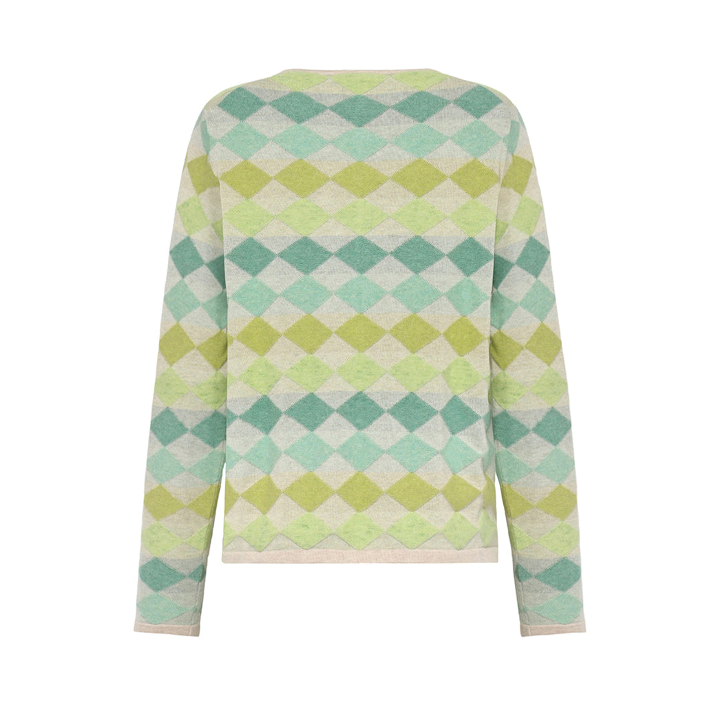 Back of the Dodo Harlequin Cardigan in Apple green by Mansted for women