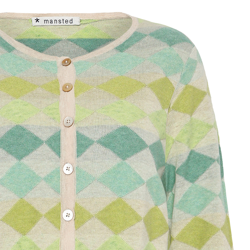 Close up of the Dodo Harlequin Cardigan in Apple green by Mansted