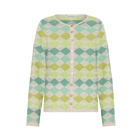 The Dodo Harlequin cotton Cardigan in Apple green by Mansted