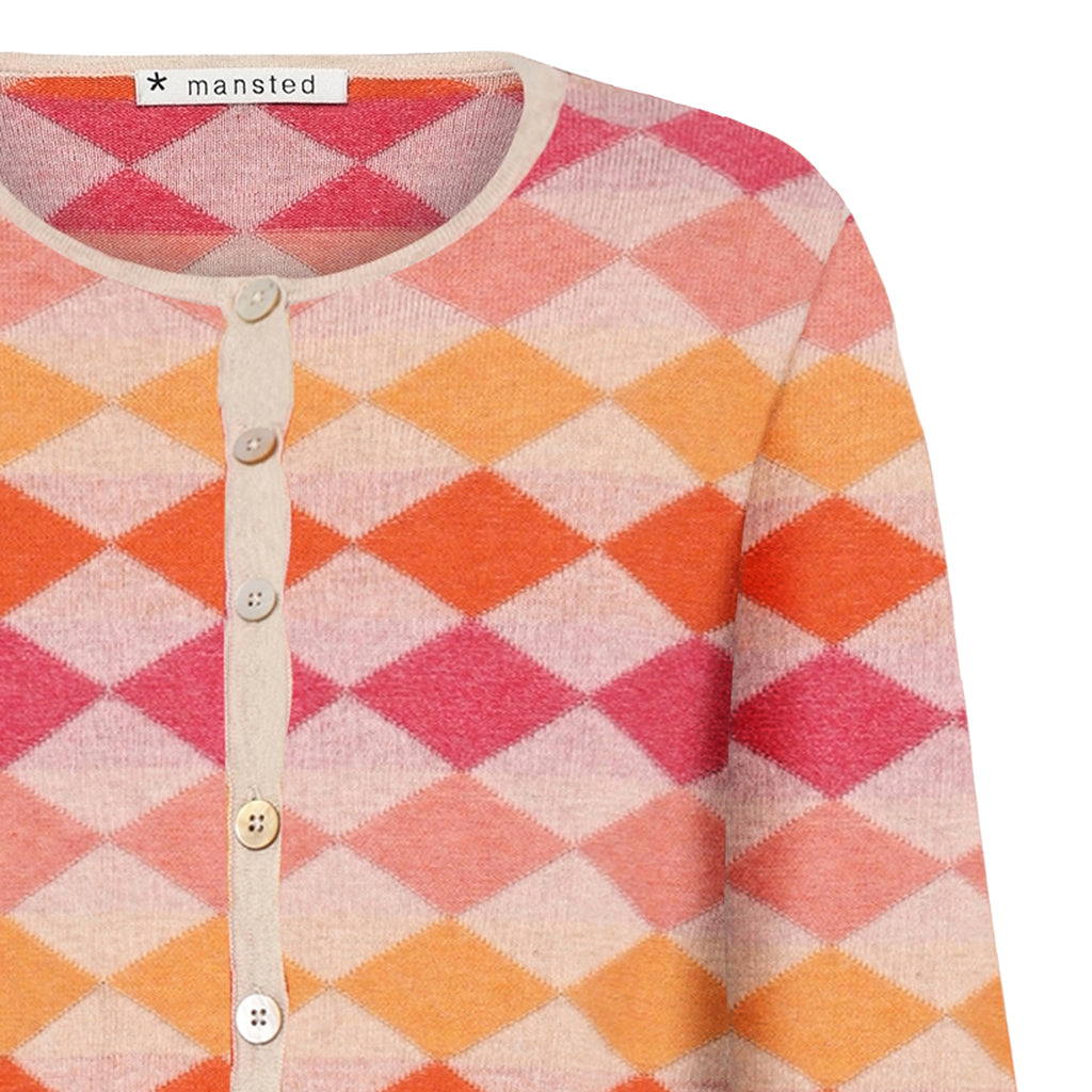 The Dodo Harlequin cotton Cardigan for women by Mansted, close up of diamond pattern and shell buttons