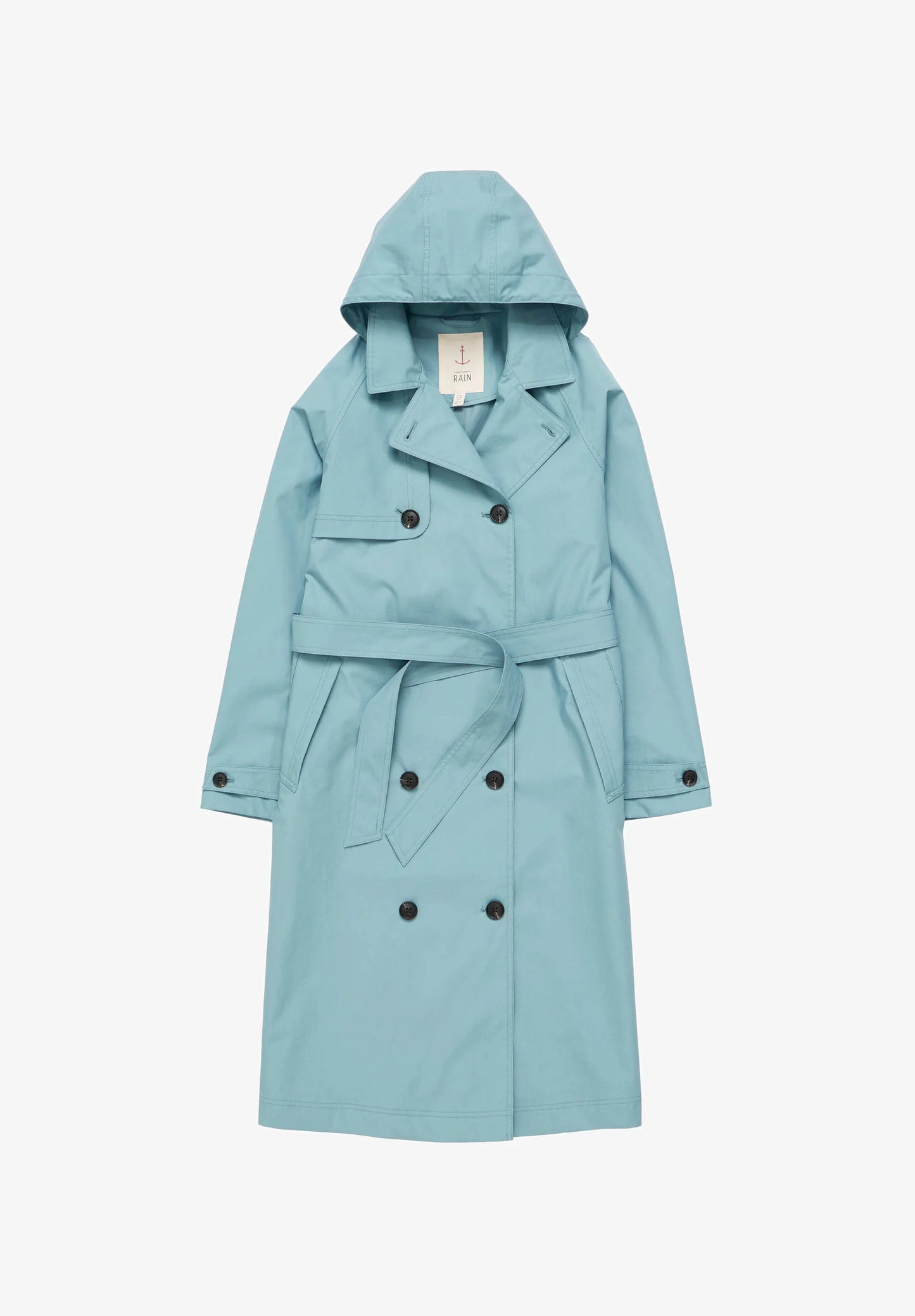 Flat lay of the Penweathers Trench Coat in Hail blue by SEASALT with hood