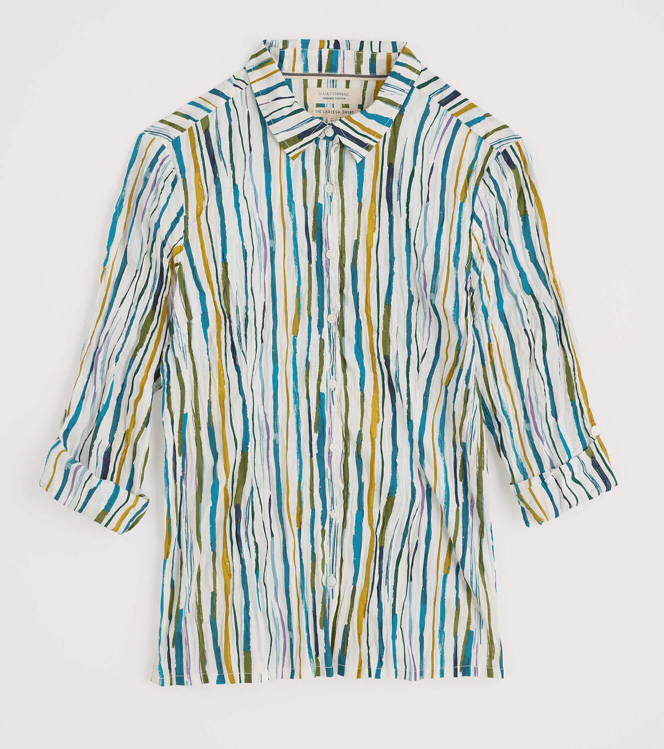 Flat lay of the Larissa cotton Shirt by SEASALT in Painterly Stripe Chalk