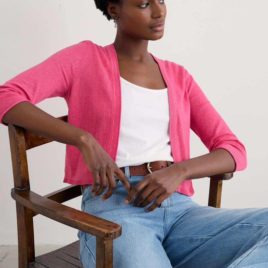 Woman wearing the Vanessa Cardigan in Tulip pink by SEASALT