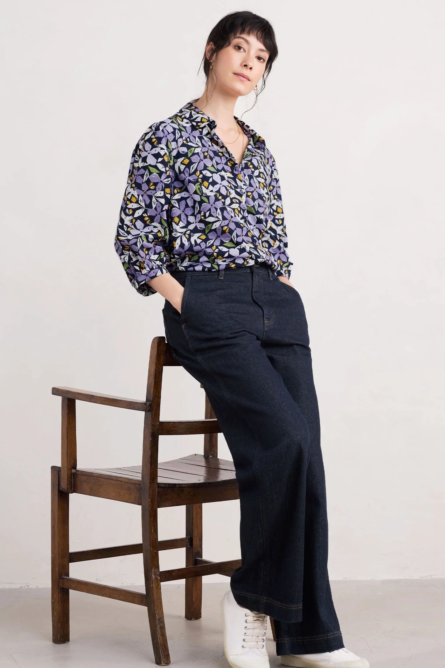 Woman wearing the Hope Cottage Blouse in Headland Collage Maritime by SEASALT