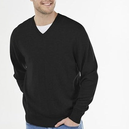 Men's Vee neck Jumper Black. Bridge and Lord quality Knitwear.