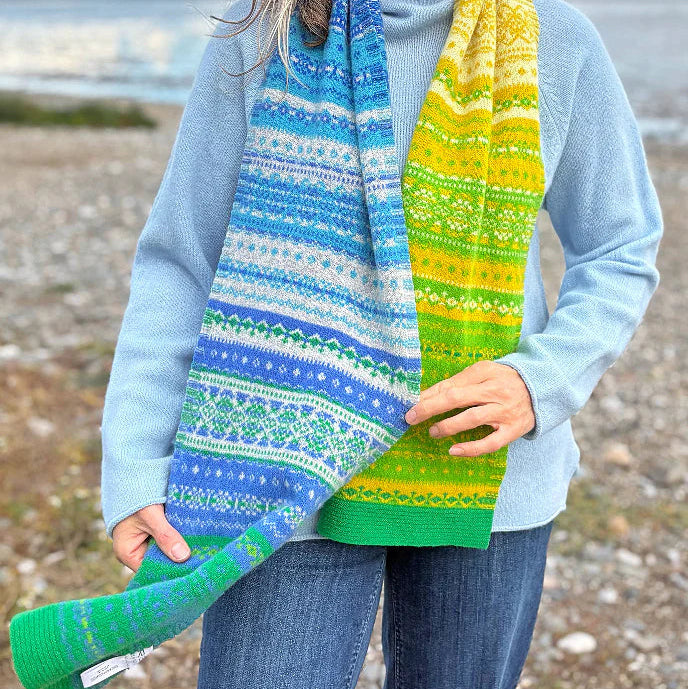 Eribe fairisle scarf in blue yellow and green