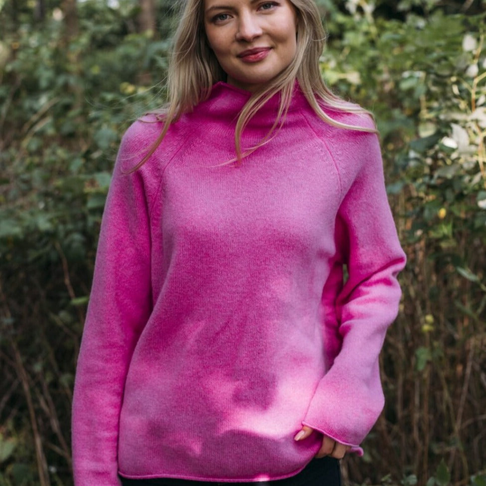 Eribe Knitwear. Corry Raglan Sweater in Bubblegum. Quality Merino Wool.