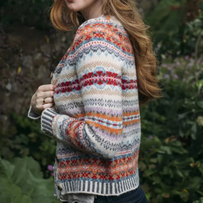Eribe Scottish knitwear. Fair isle cardigan in Natural and orange.