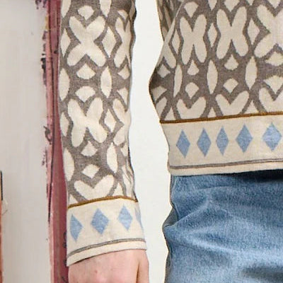 Mansted cotton cardigan floral and diamond shapes in fawn and blue