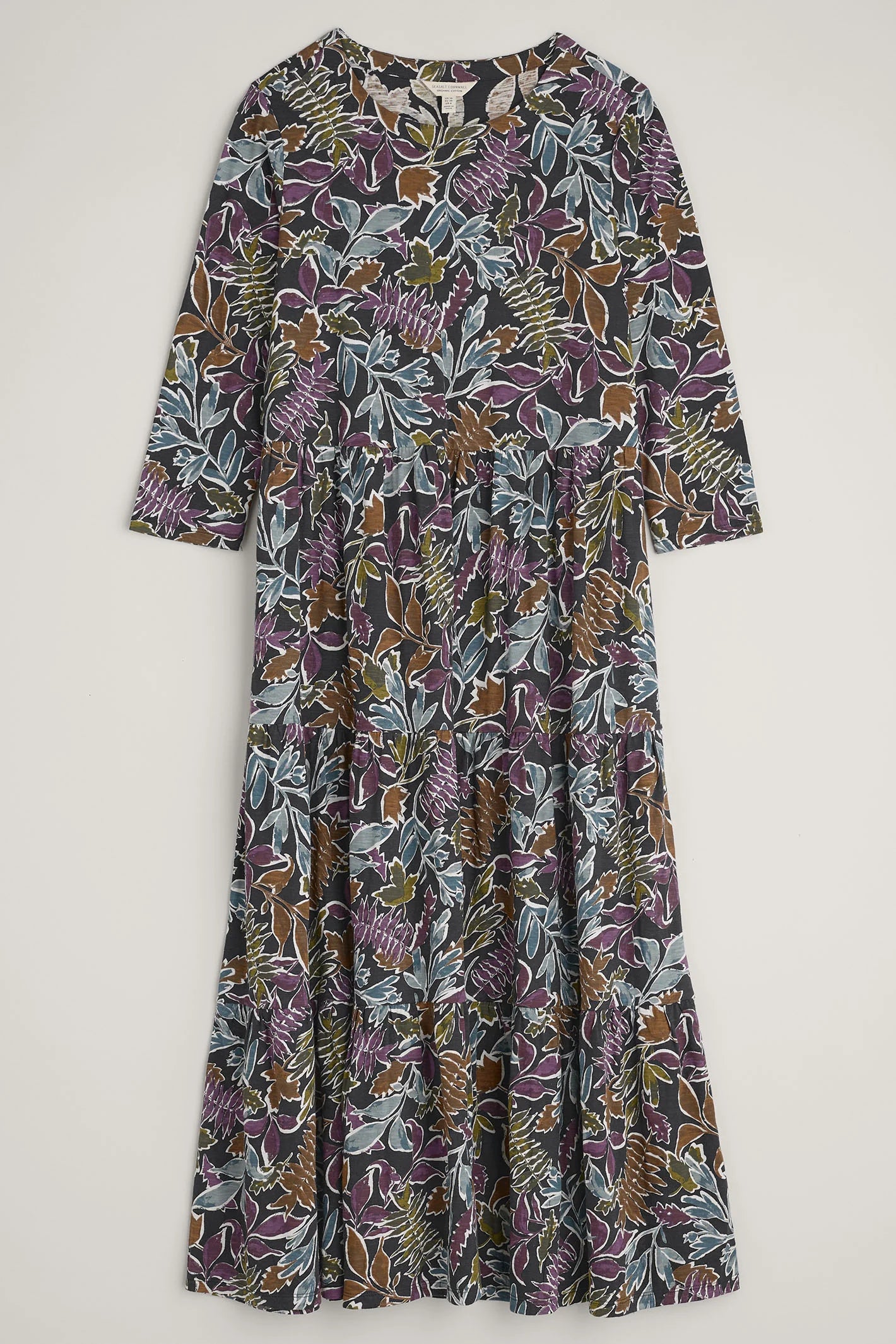 SEASALT's Line Strokes Tiered 3/4 sleeve Dress in Inked Foliage Onyx