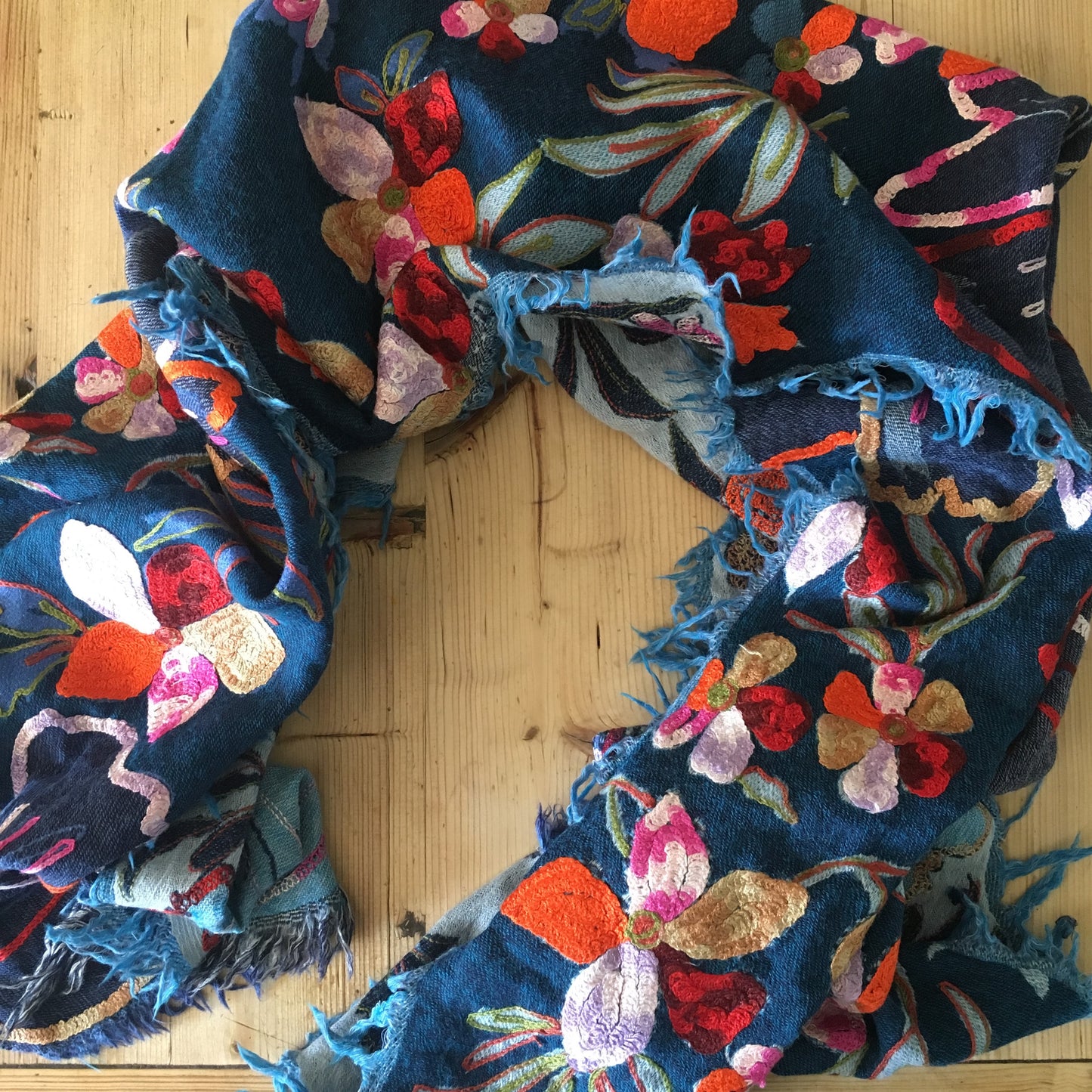 Namaskar Merino wool and silk scarf hand embroided