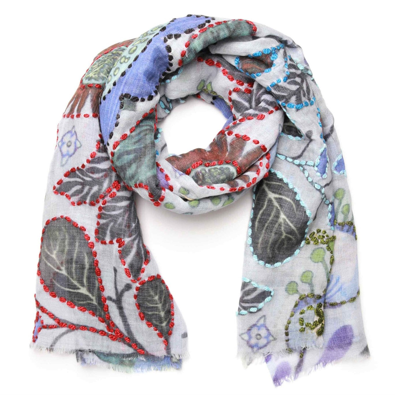 Namaskar Merino Wool Jacquard Scarf with embroidery Blue floral