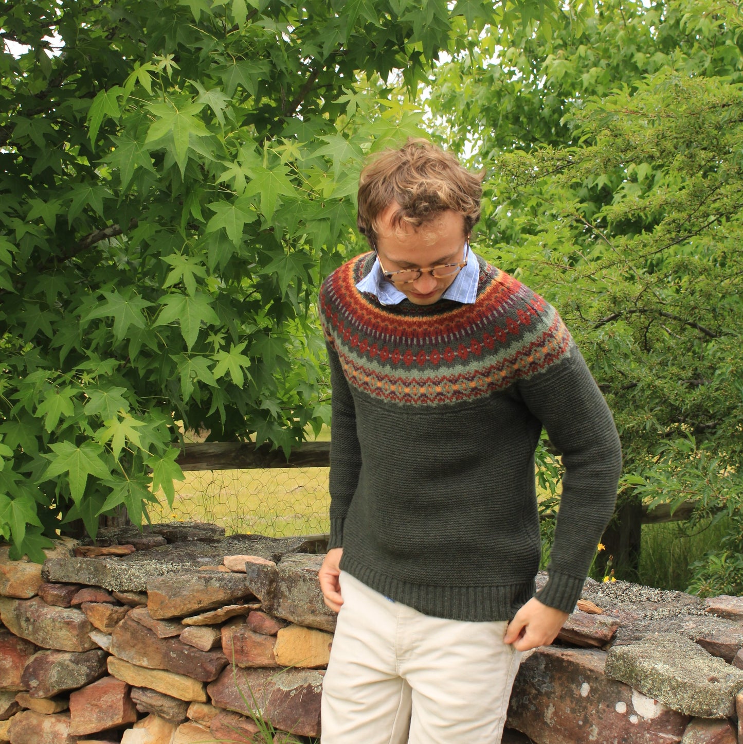 Men's quality chunky Sweater in Green. Made from Merino Wool it has a Fair Isle Design. ERIBE knitwear from Scotland.