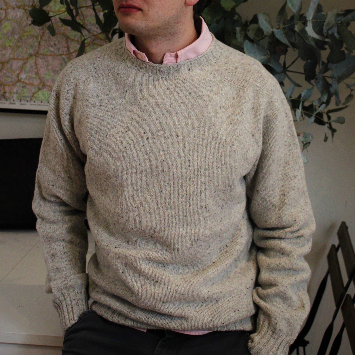 Harley of Scotland Men's crew neck in Merino Fleck Yarn