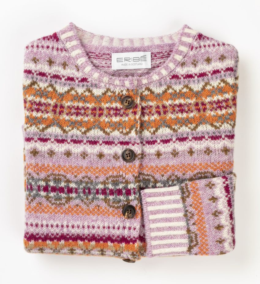 Quality Scottish Knitwear - Eribe Westray Cardigan in Orange Burst. Fairisle