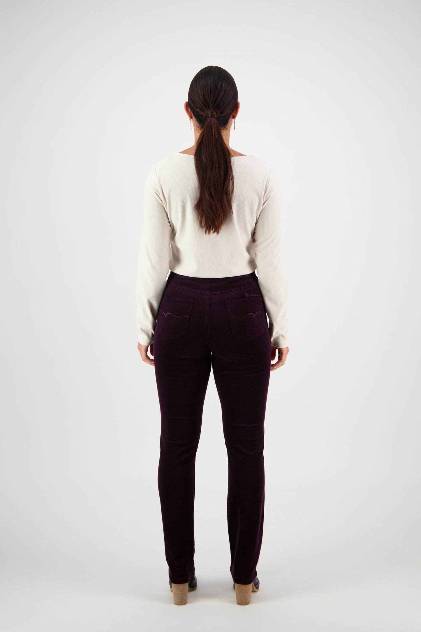 Vassalli's Slim Cord Pants in Mulberry, back view of slim women's pants