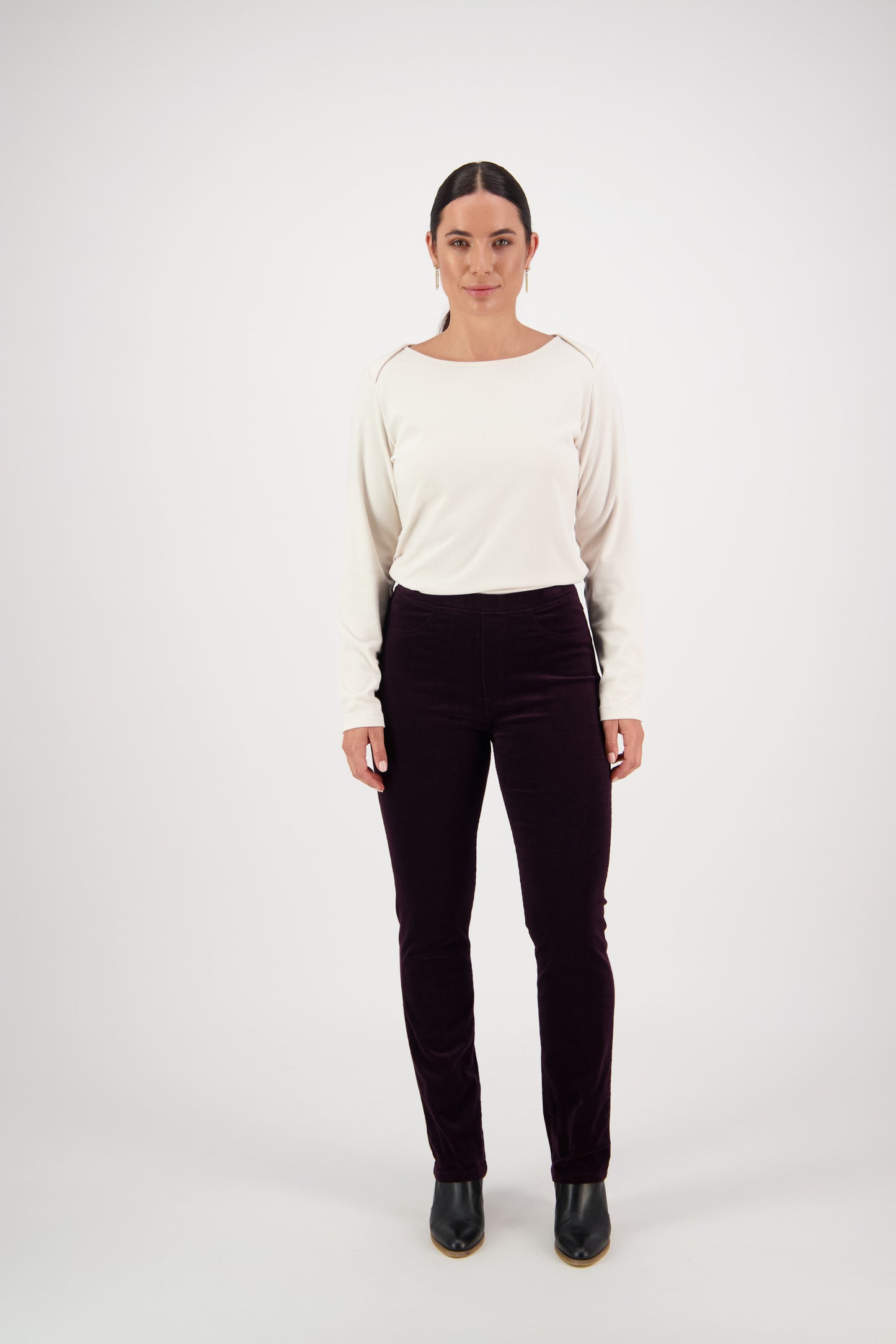 Vassalli's Slim Cord Pants in Mulberry, front view of ladies trousers