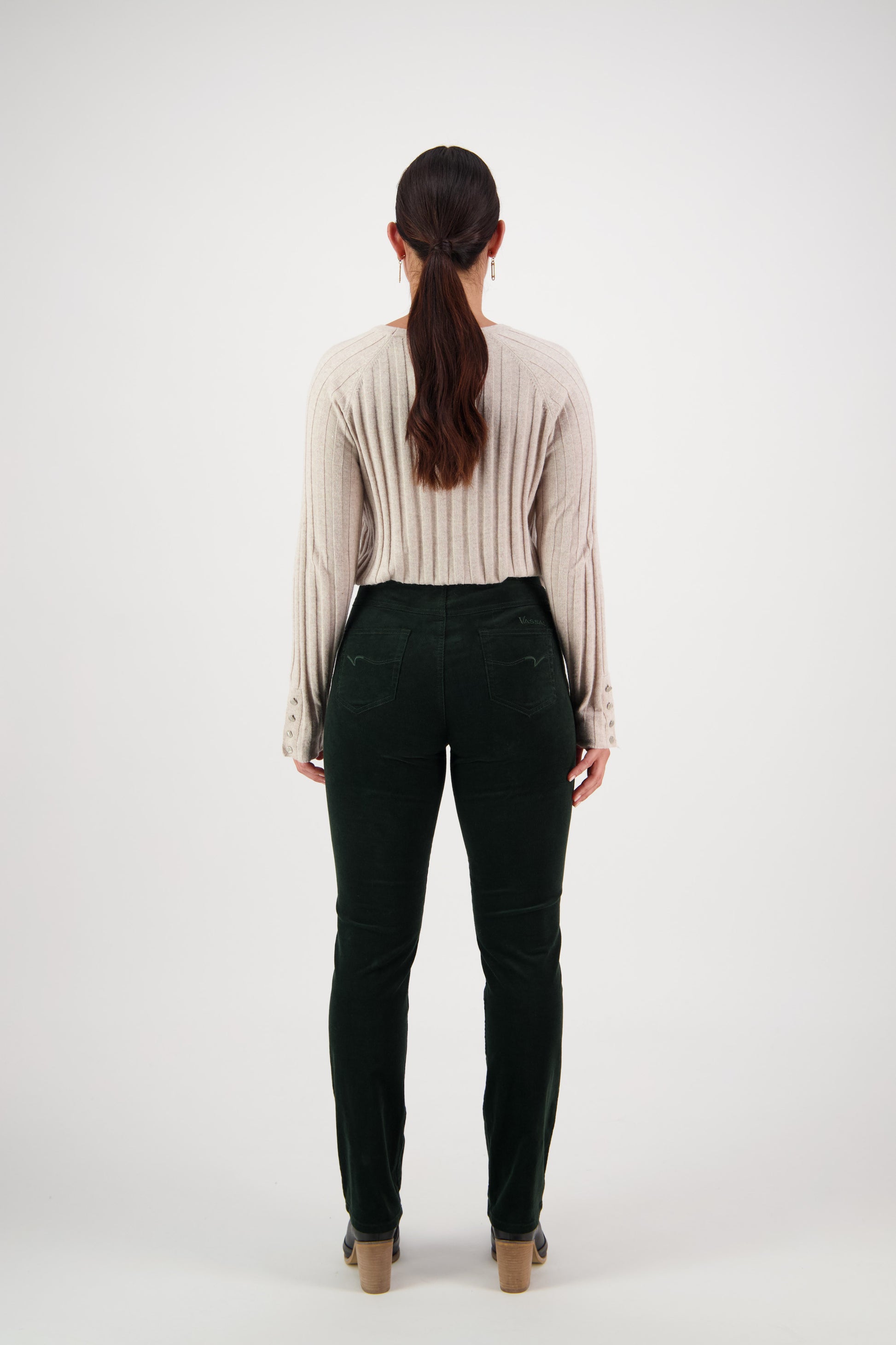 Vassalli's new Slim Cord Pants in Olive, back view of women's cord trousers