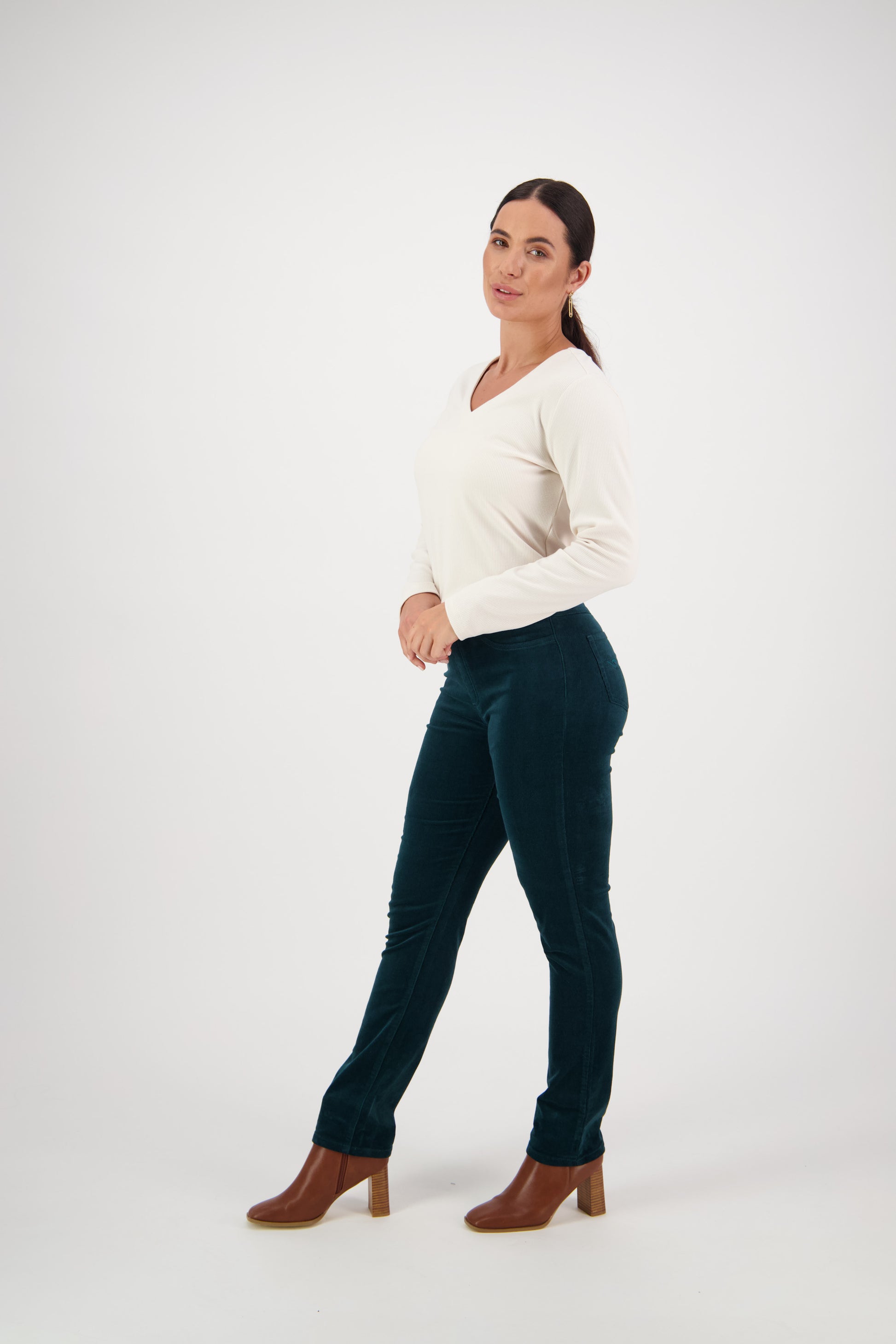 Vassalli's Slim Cord Pants for women in Peacock, side view of corduroy pants