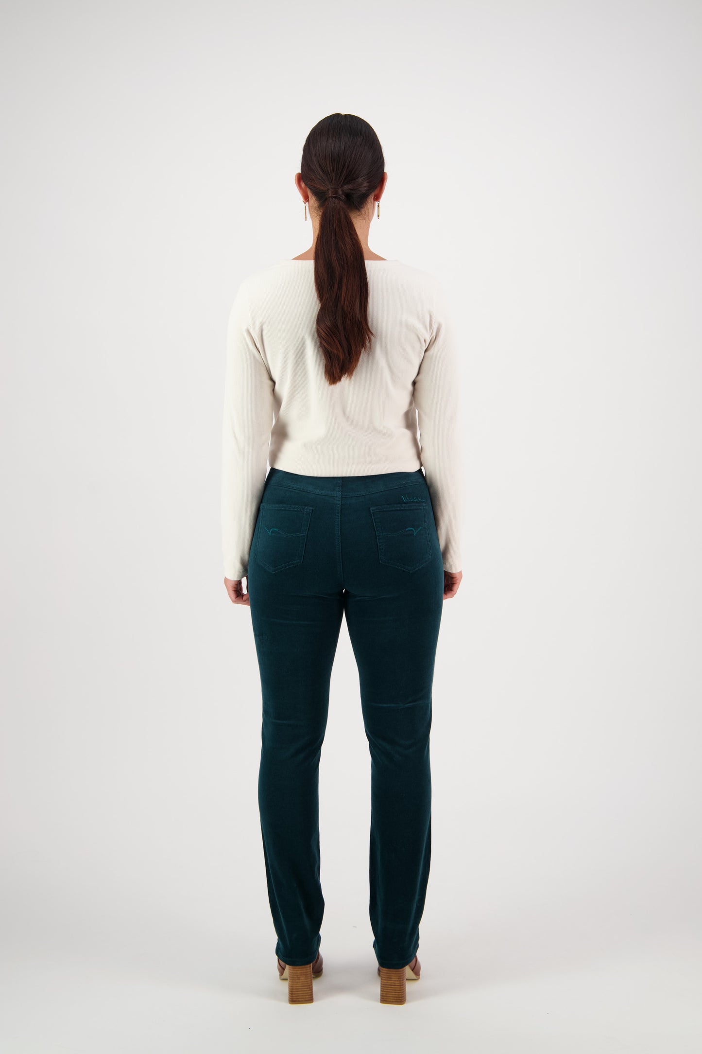 Vassalli's Slim Cord Pants for women in Peacock, back view of ladies trousers