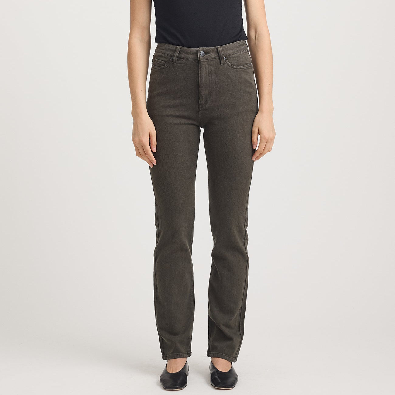 Merino-denim high waisted straight leg jeans in bay leaf from Toorallie