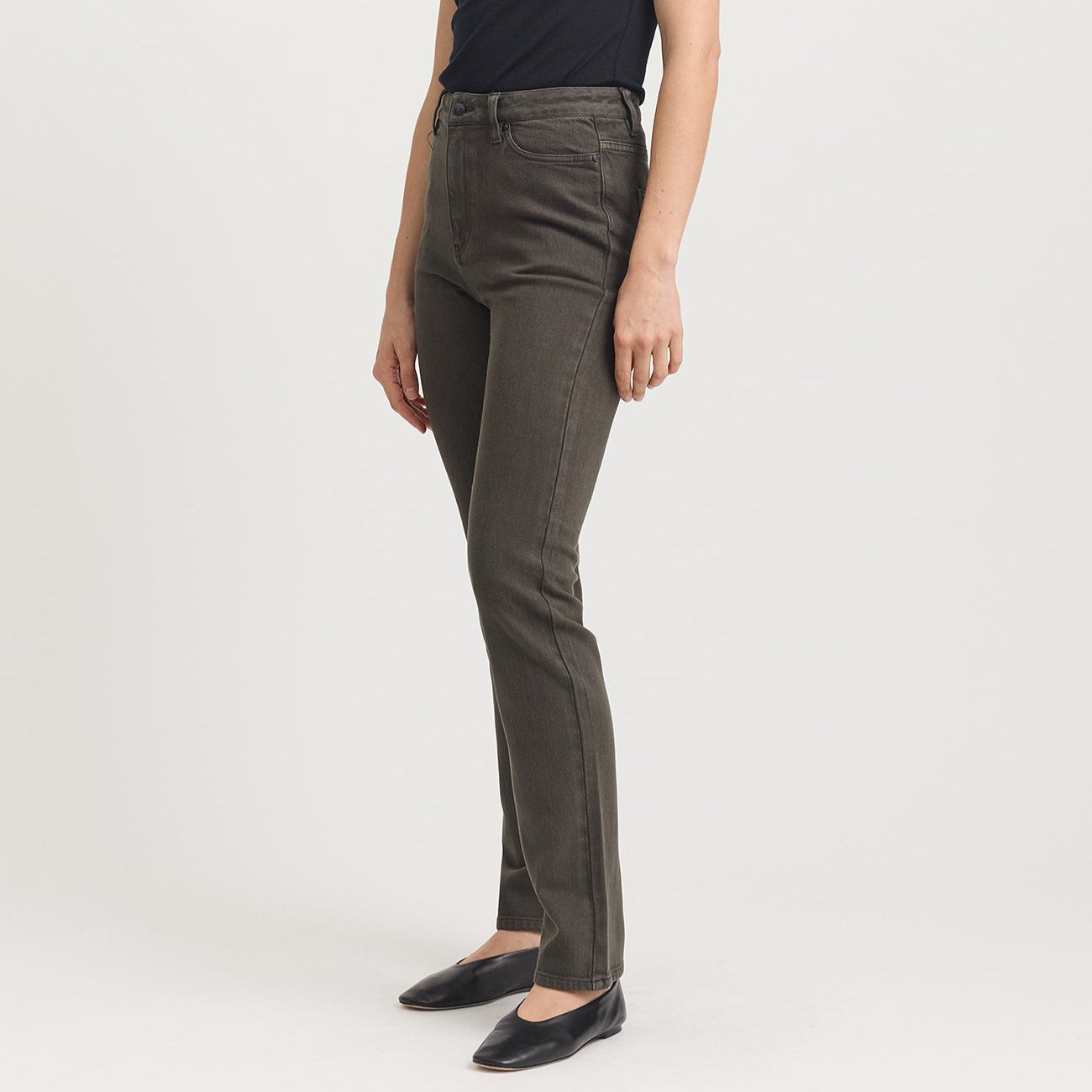 Merino-denim high waisted straight leg jeans in bay leaf from Toorallie